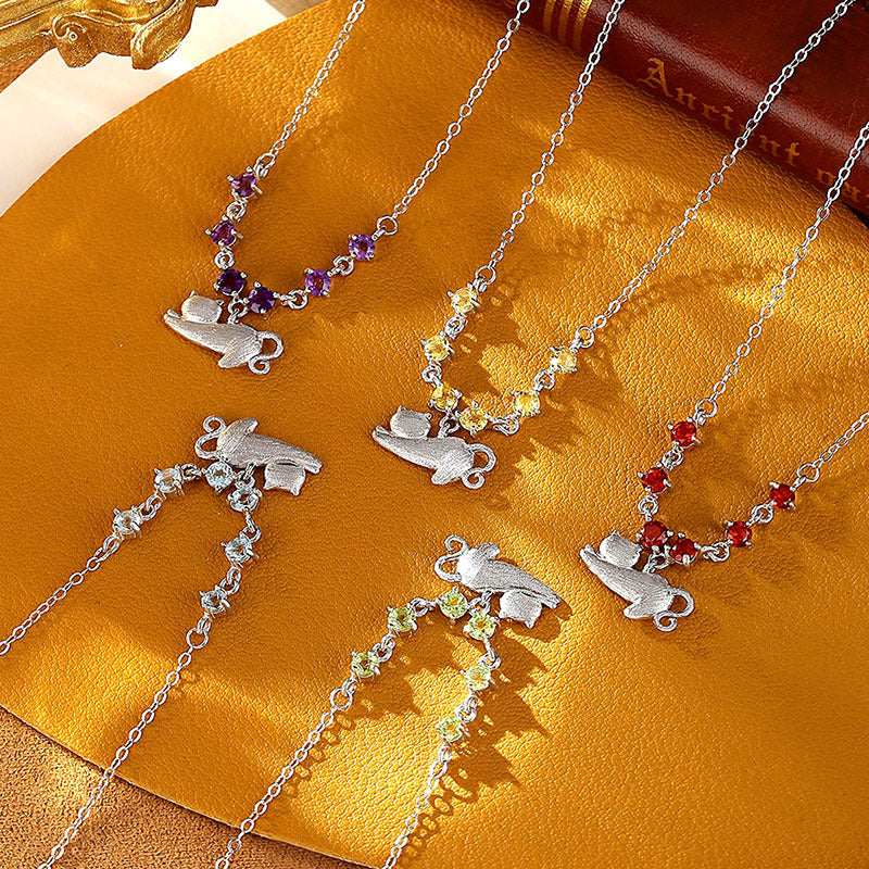 Cat's Soul - Colorful Gemstone Cat Pendant Necklace