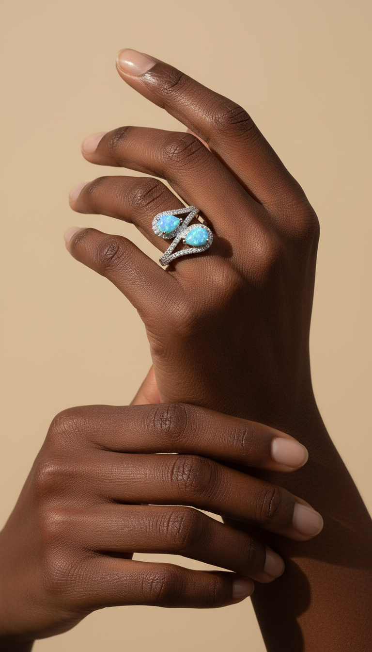 Anillo de ópalo azul aguamarina en plata de ley