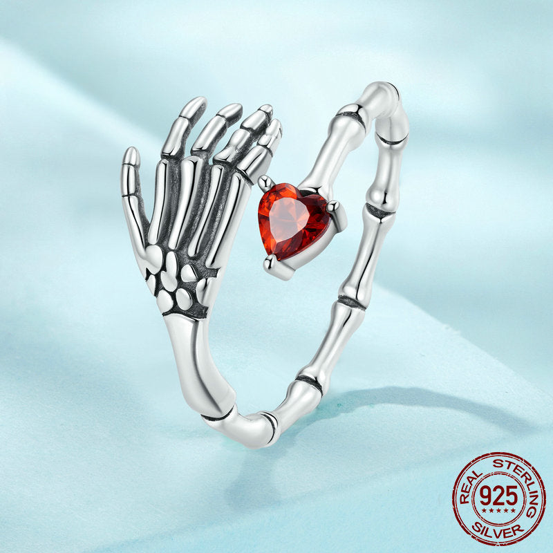 Skull Hand Heart Adjustable Silver Ring