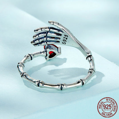 Skull Hand Heart Adjustable Silver Ring