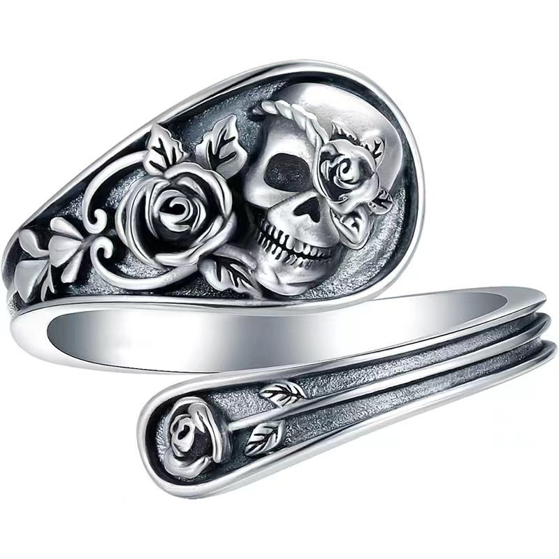 Anillo ajustable de plata de ley con rosa y calavera