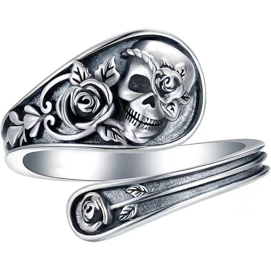 Rose & Skull Sterling Silver Adjustable Ring